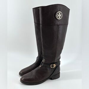 Tory Burch Teresa Leather Riding Boots In Brown/Gold-Tone Hardware Sz 9.5